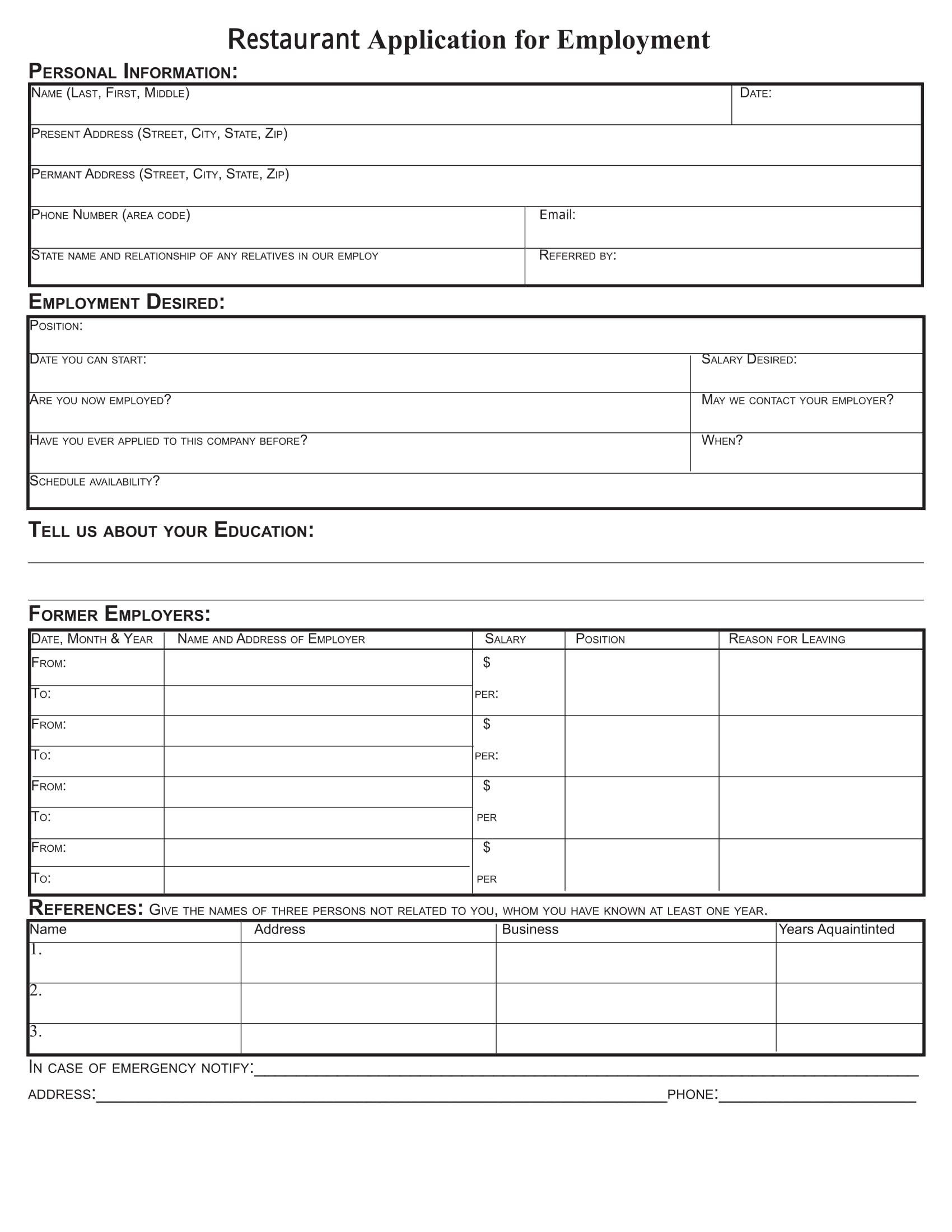 free 8 restaurant application forms in pdf ms word