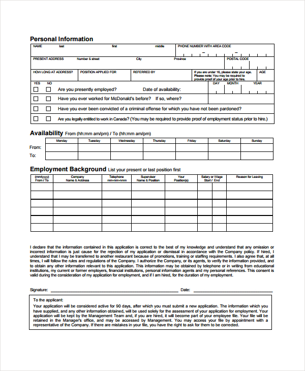 restaurant employment application form