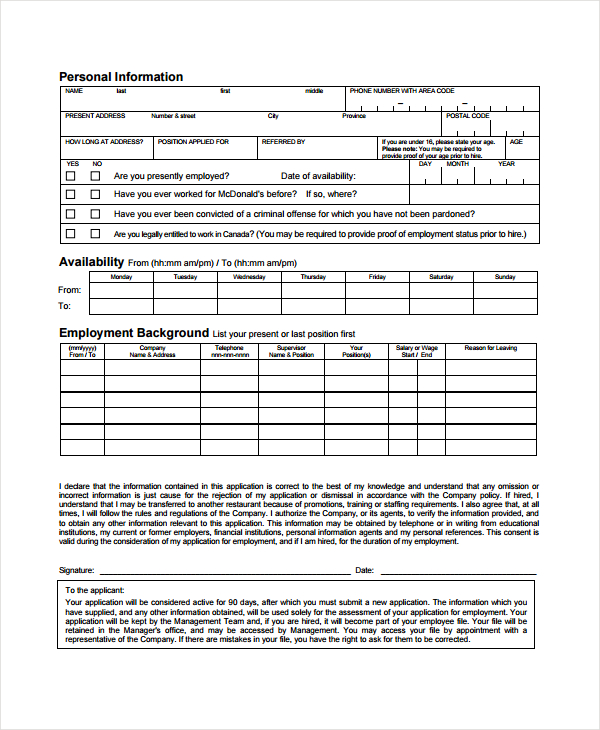 Printable Job Application Form For Restaurant Printable Forms Free Online 3570