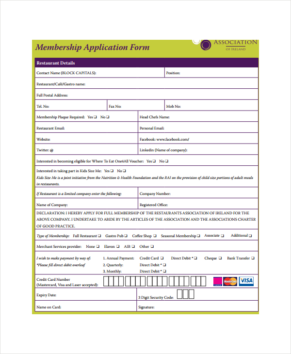 restaurant membership application form