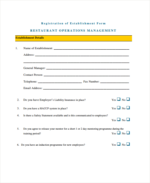 restaurant operations management form