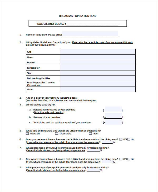 restaurant operations plan form