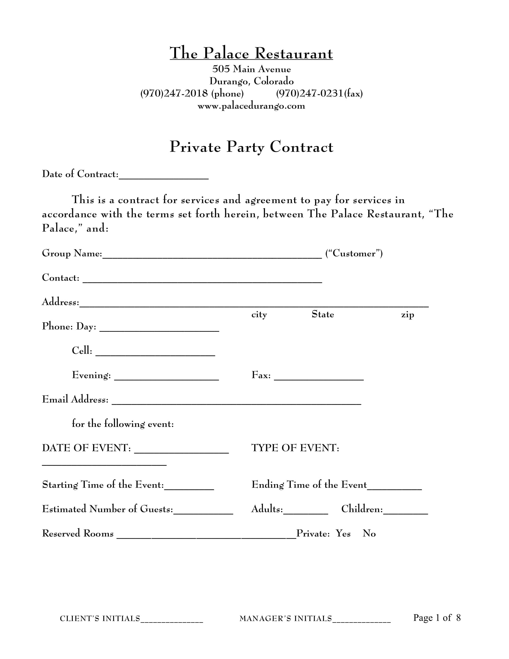 restaurant party contract form 1