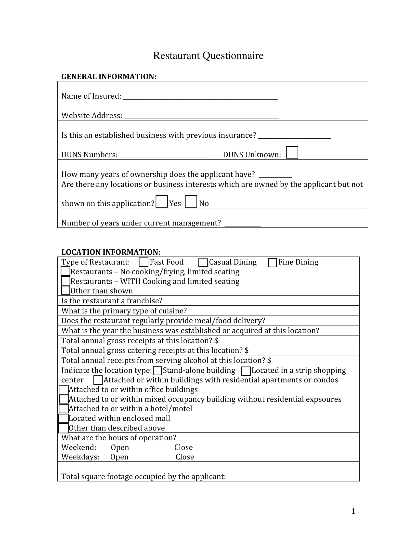 restaurant questionnaire form sample 1