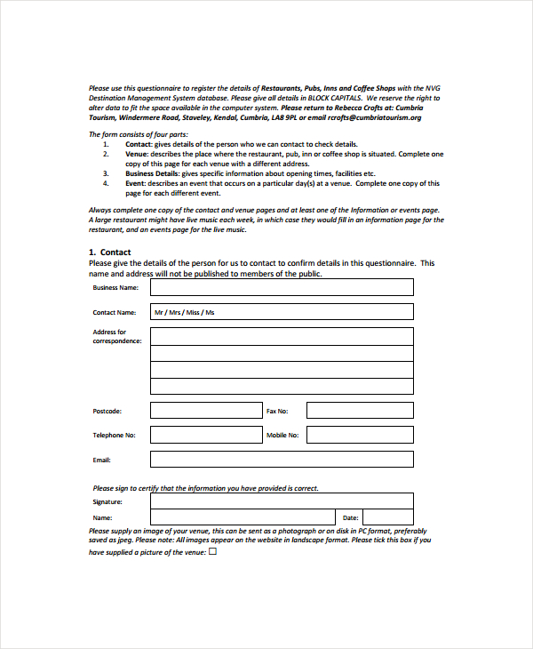 restaurant questionnaire registration form