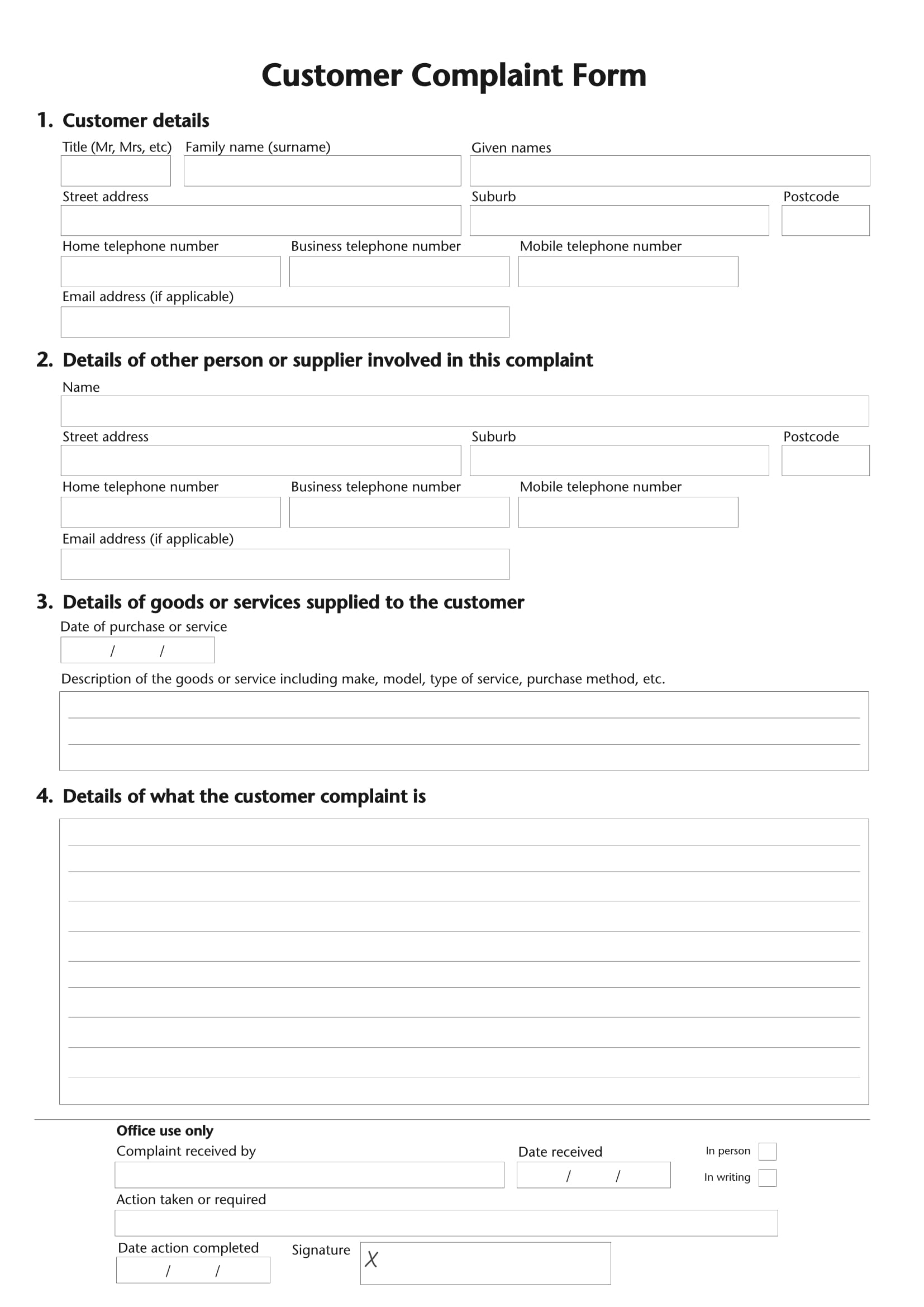 sample customer complaint form template 1