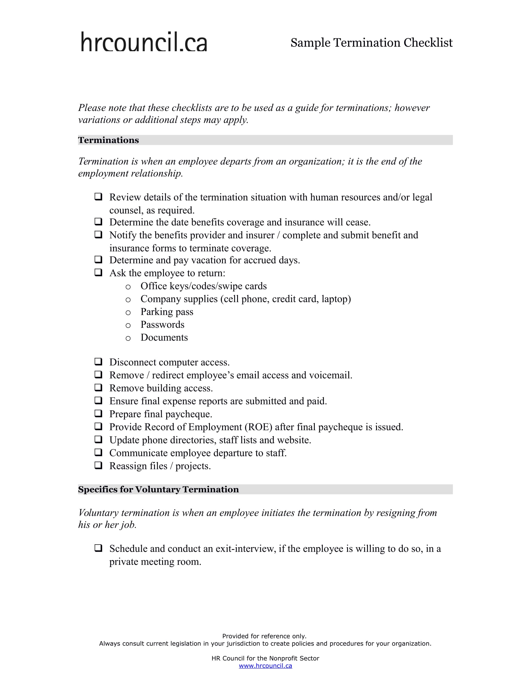 sample employee termination checklist 1