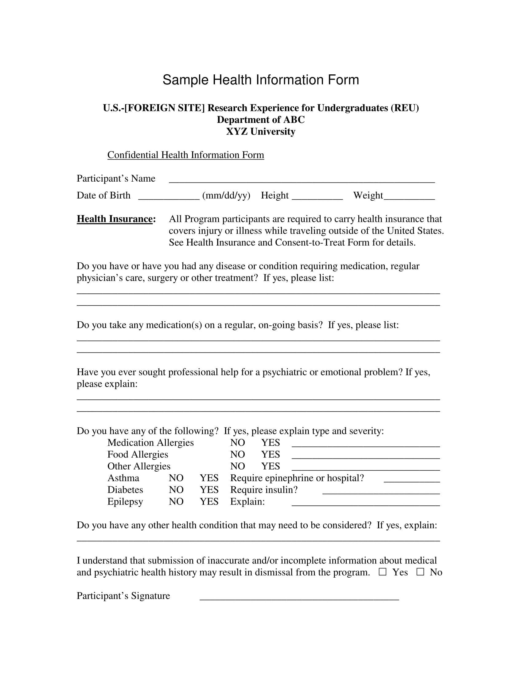 sample health information form 1