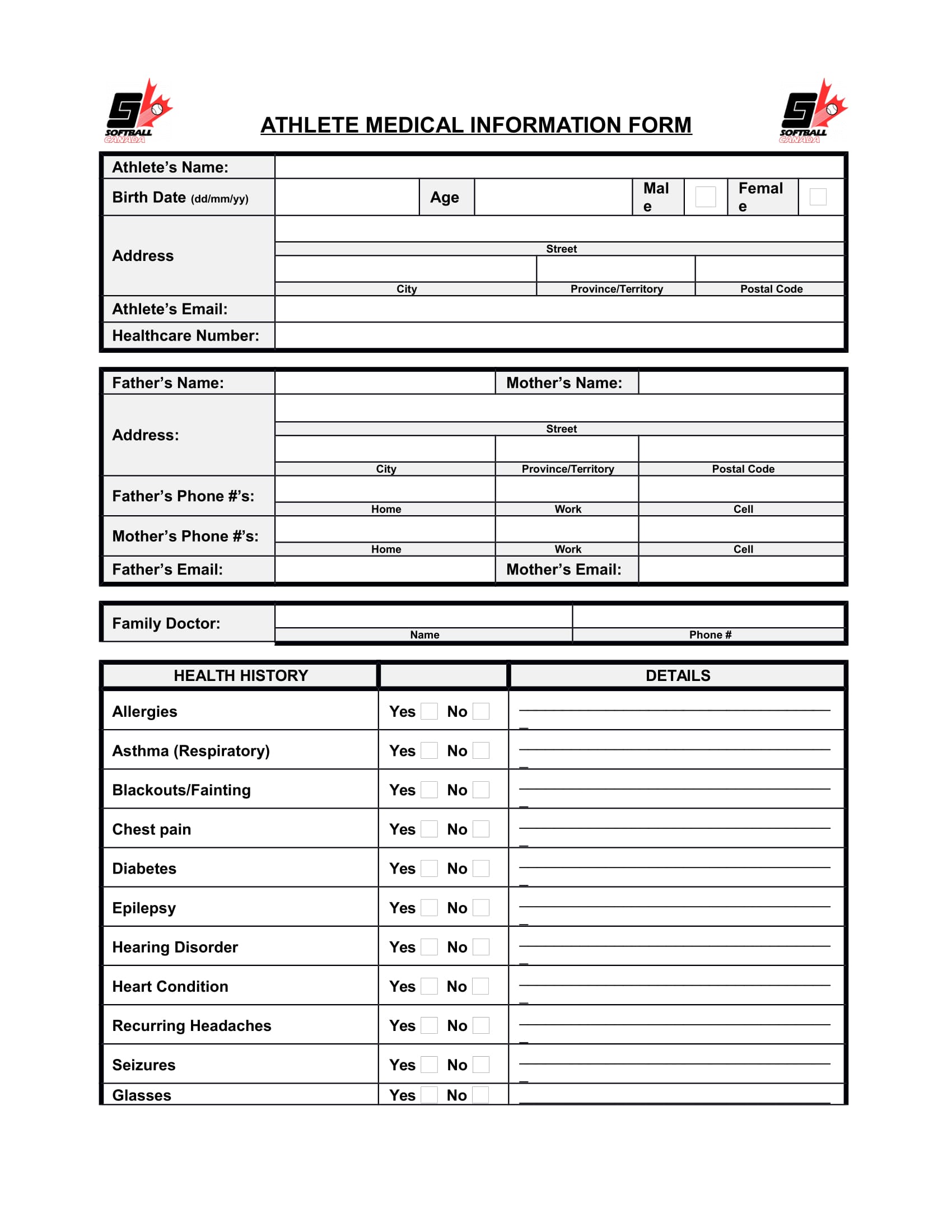 standard athlete medical information form 1