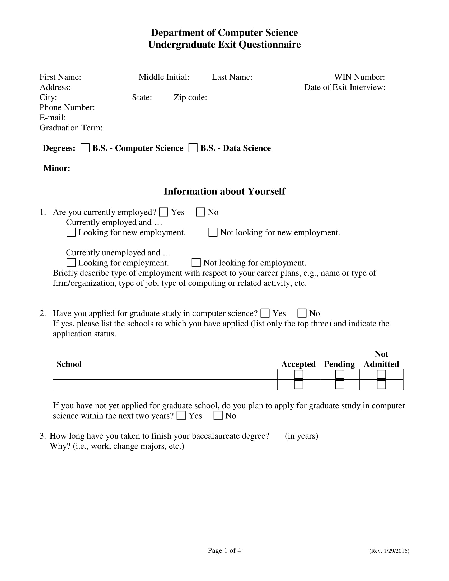 undergraduate exit questionnaire form 1