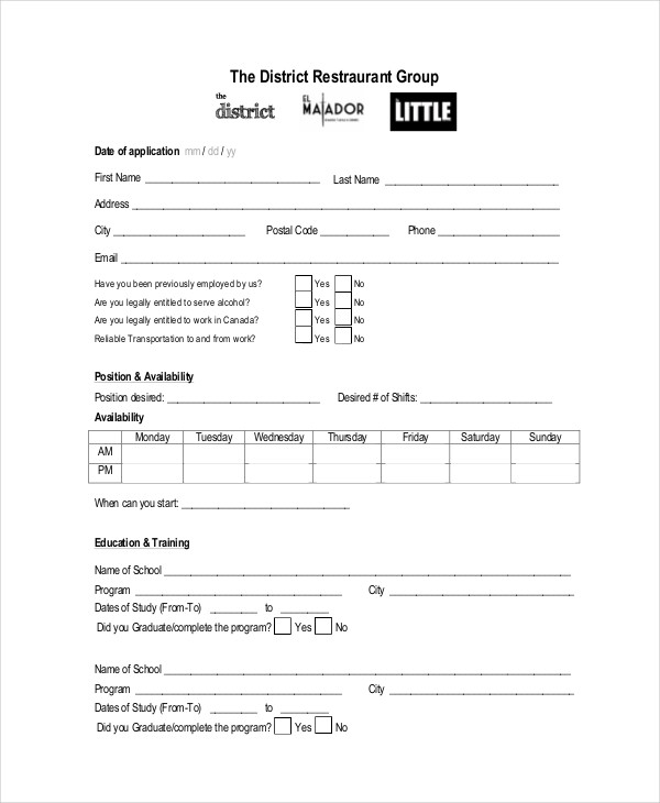 application form for restaurant