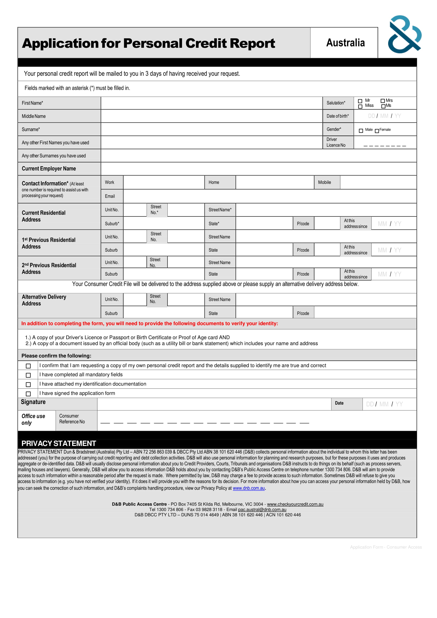 application for personal credit report form 1
