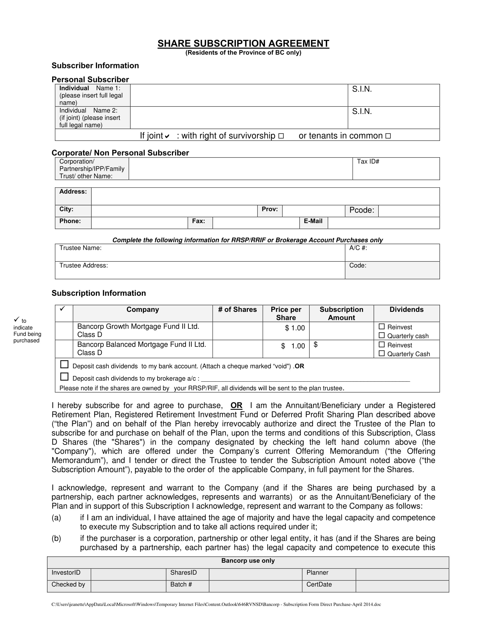 blank share subscription agreement form 1