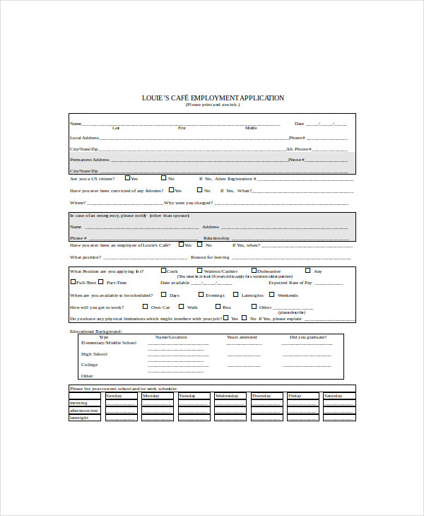 cafe employment application form