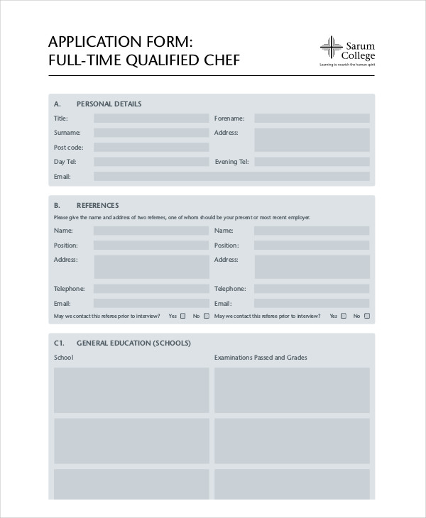 chef application form