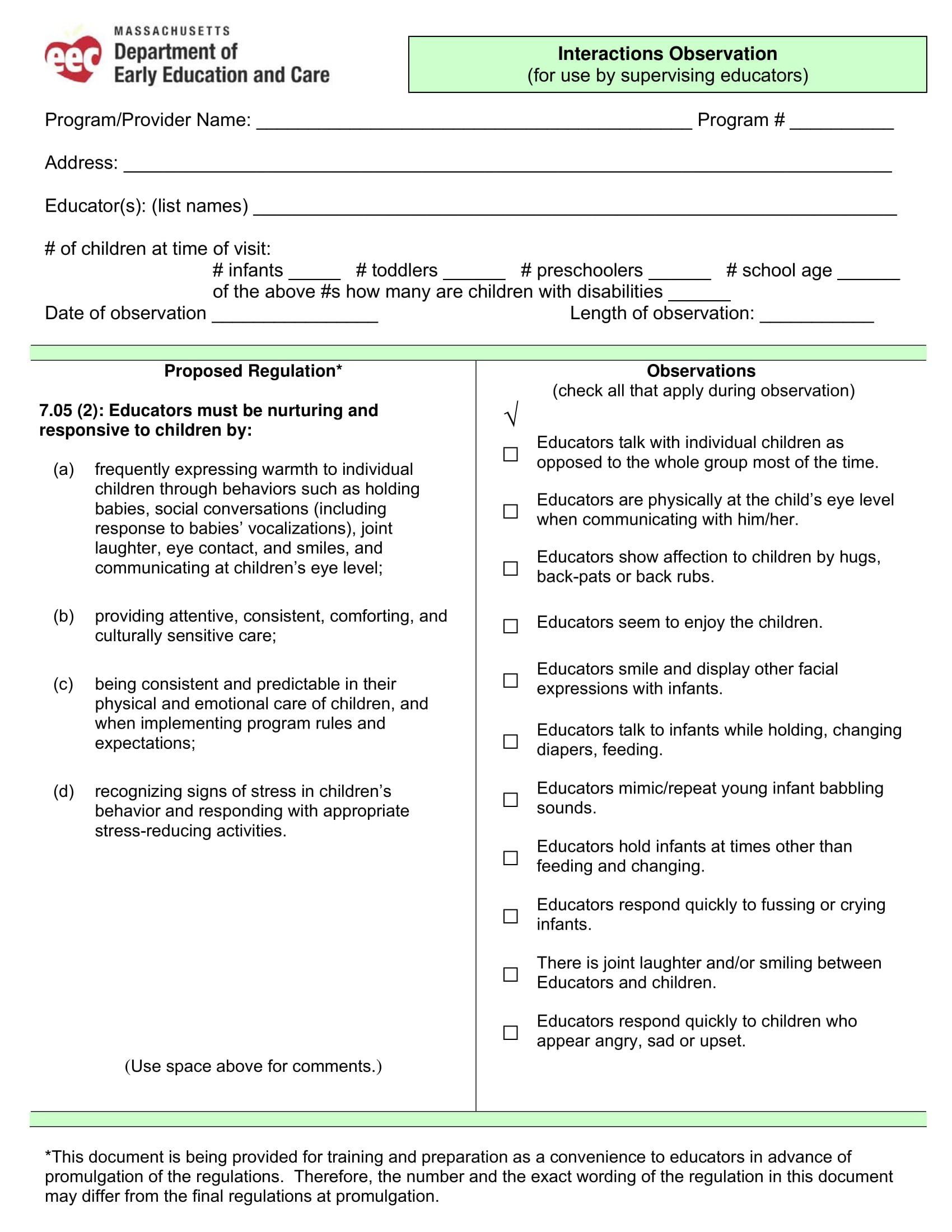 Child Development Observation Checklist Example