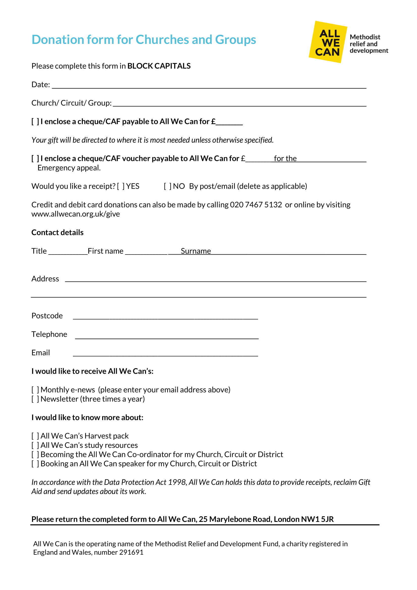 church donation form sample 1