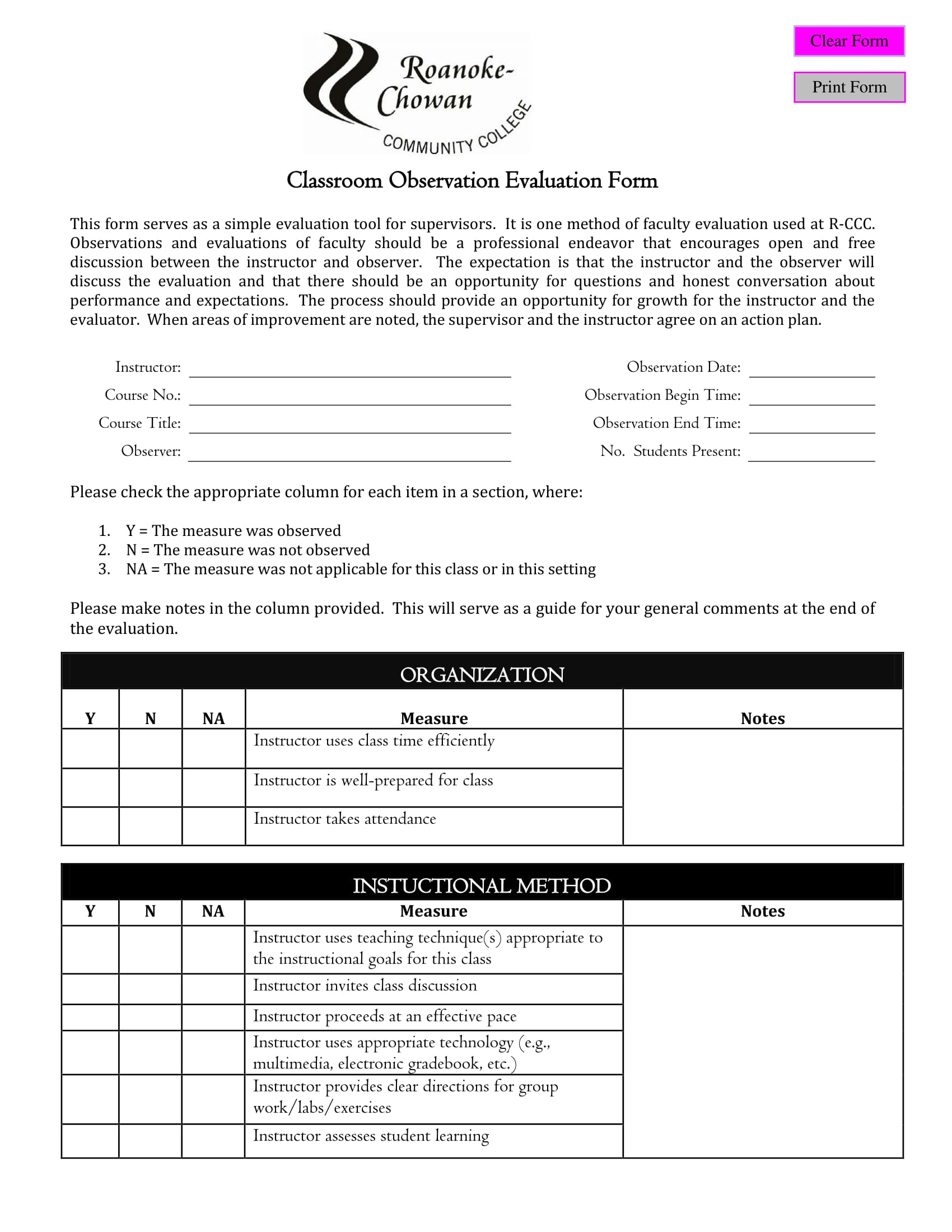 classroom observation evaluation form 1
