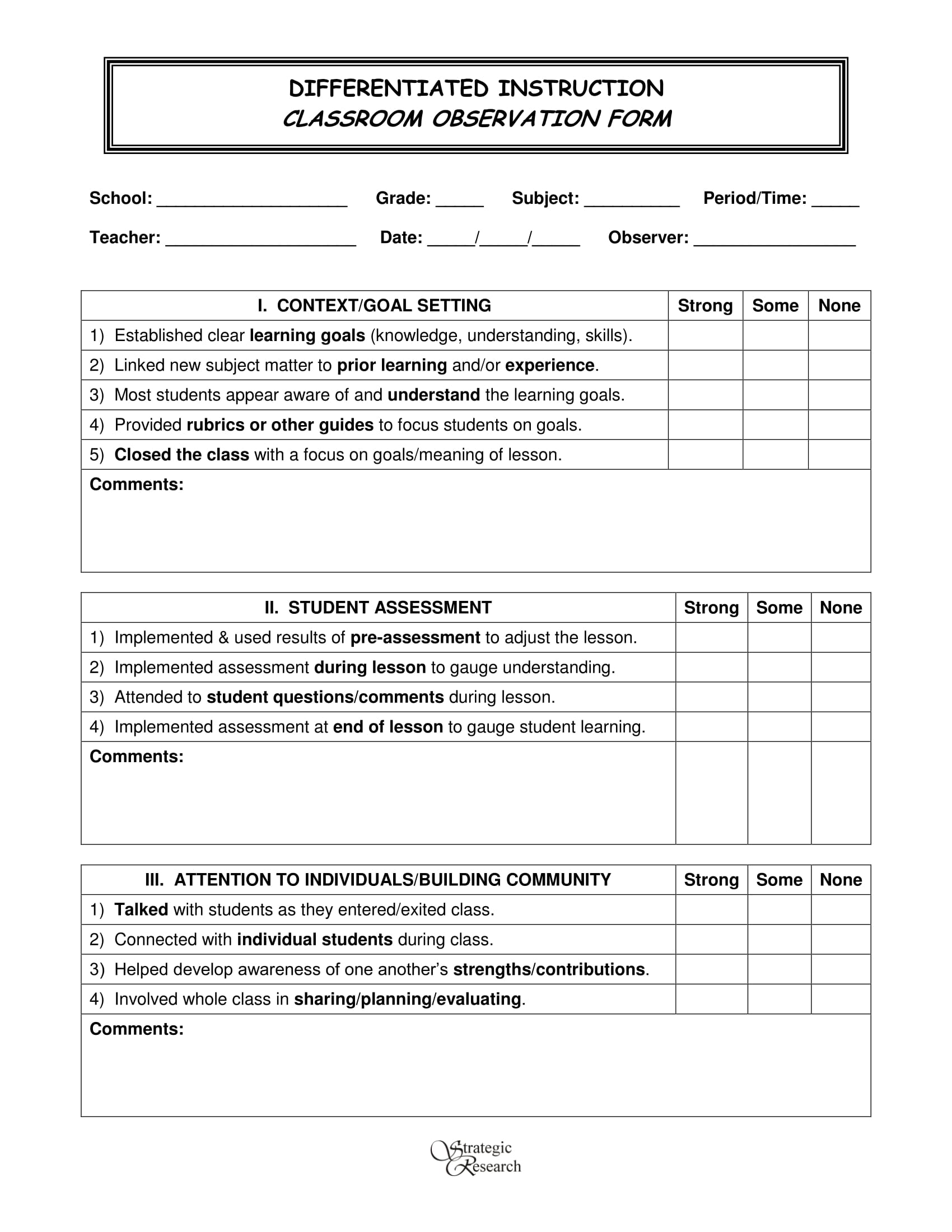 classroom observation form sample 11