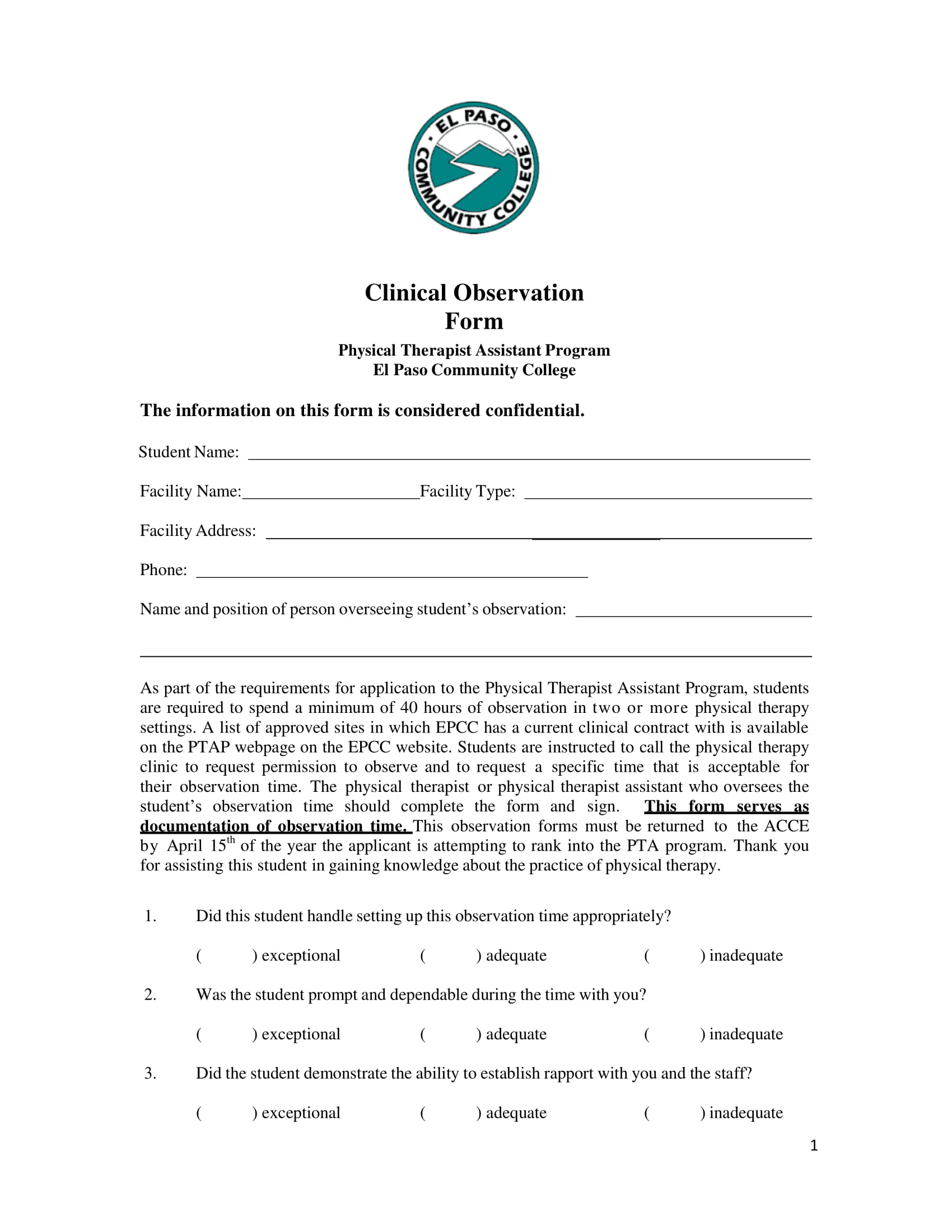 clinical observation form sample 1