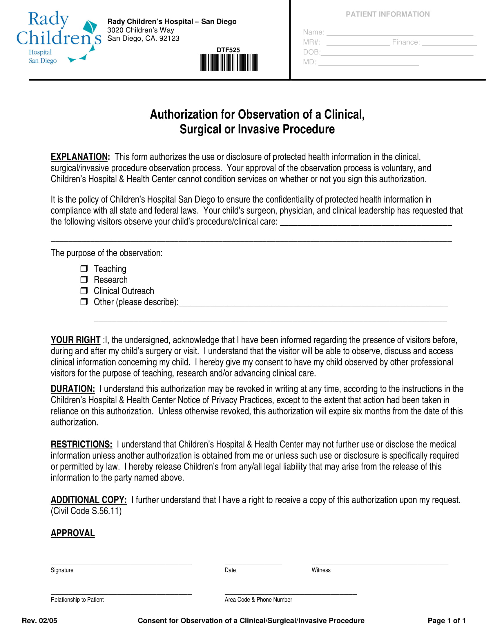 clinical procedure observation authorization form 1