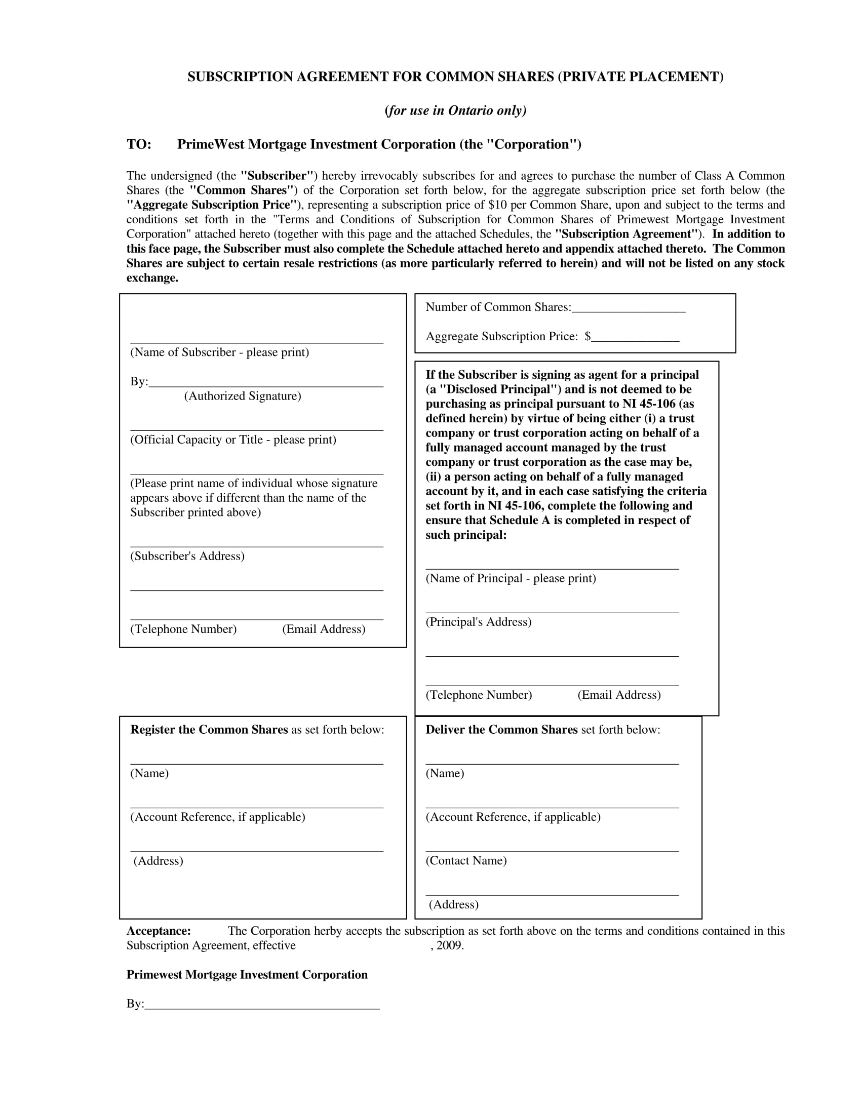 common shares subscription agreement form 01