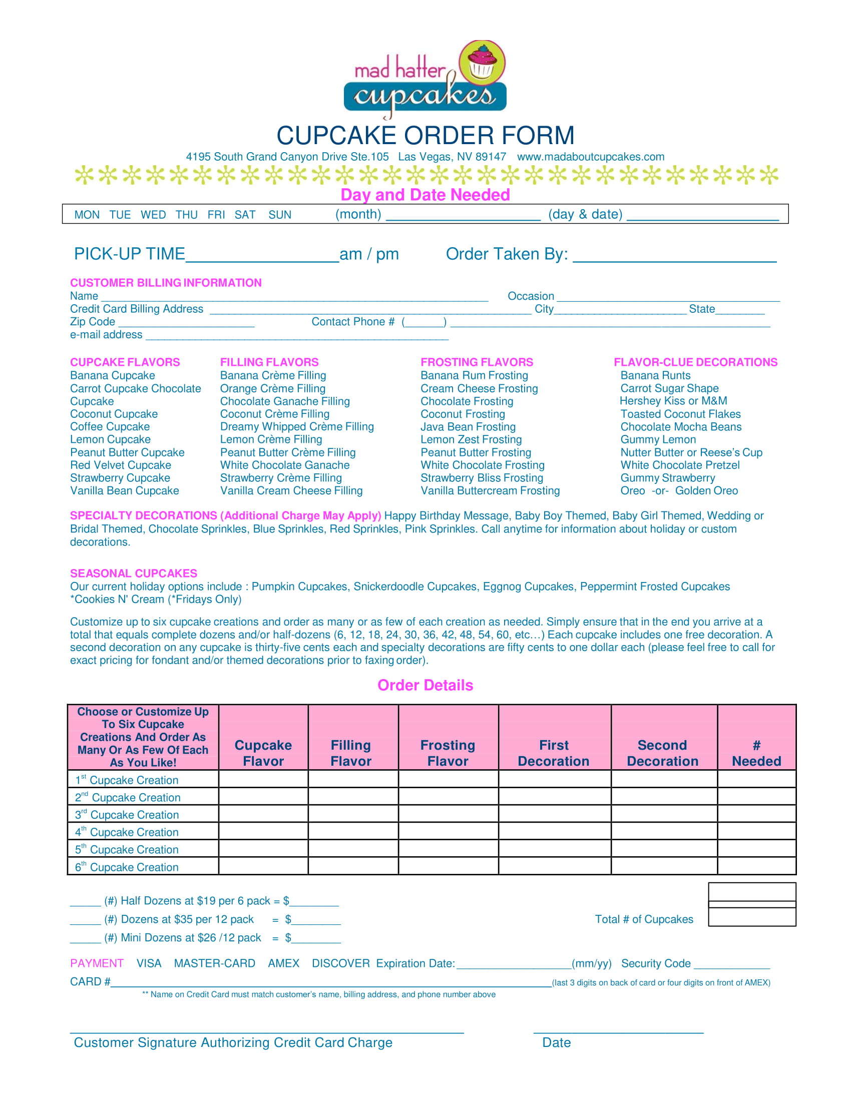 Cupcake Order Form Template Free