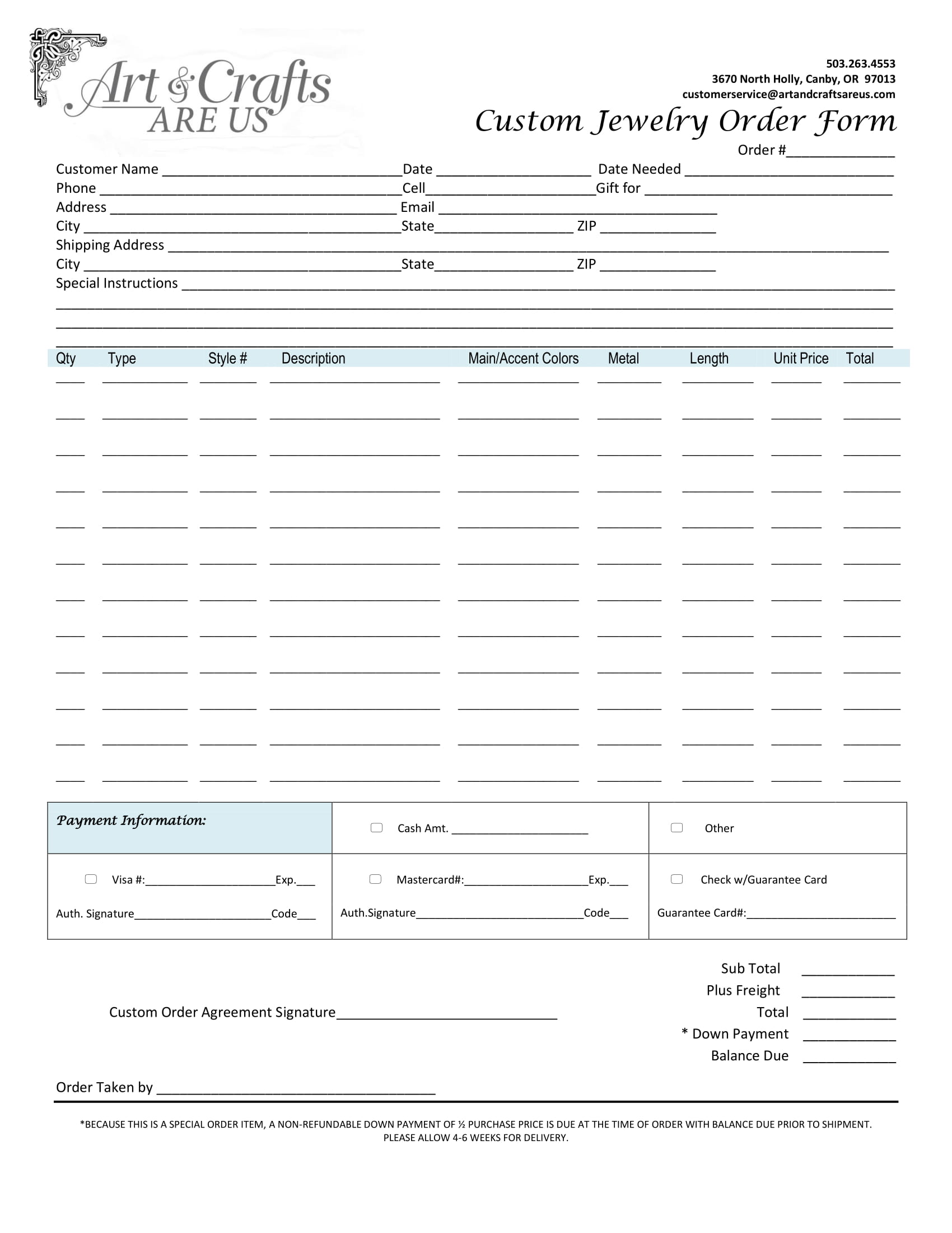 Custom Jewelry Order Form Template