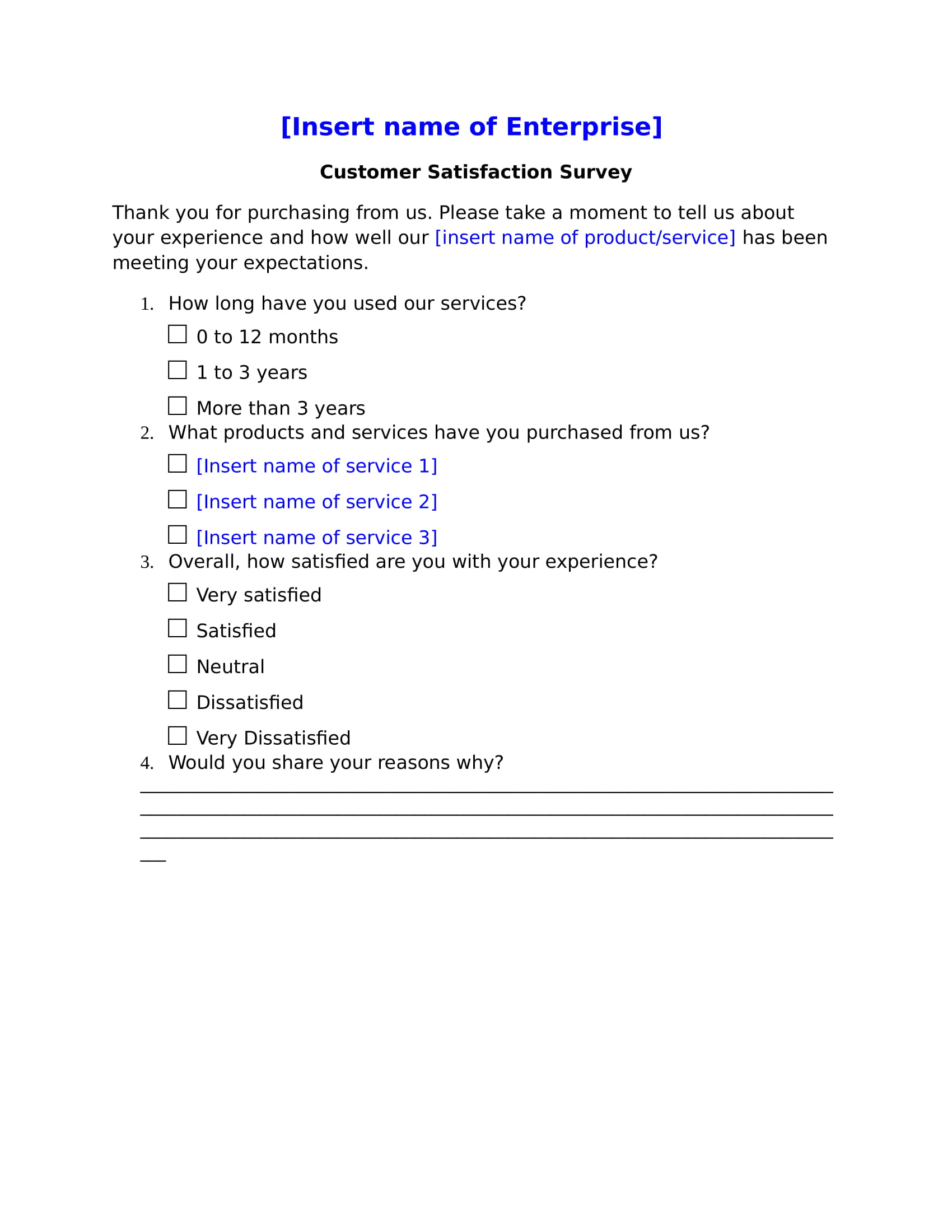 Samples of customer satisfaction surveys