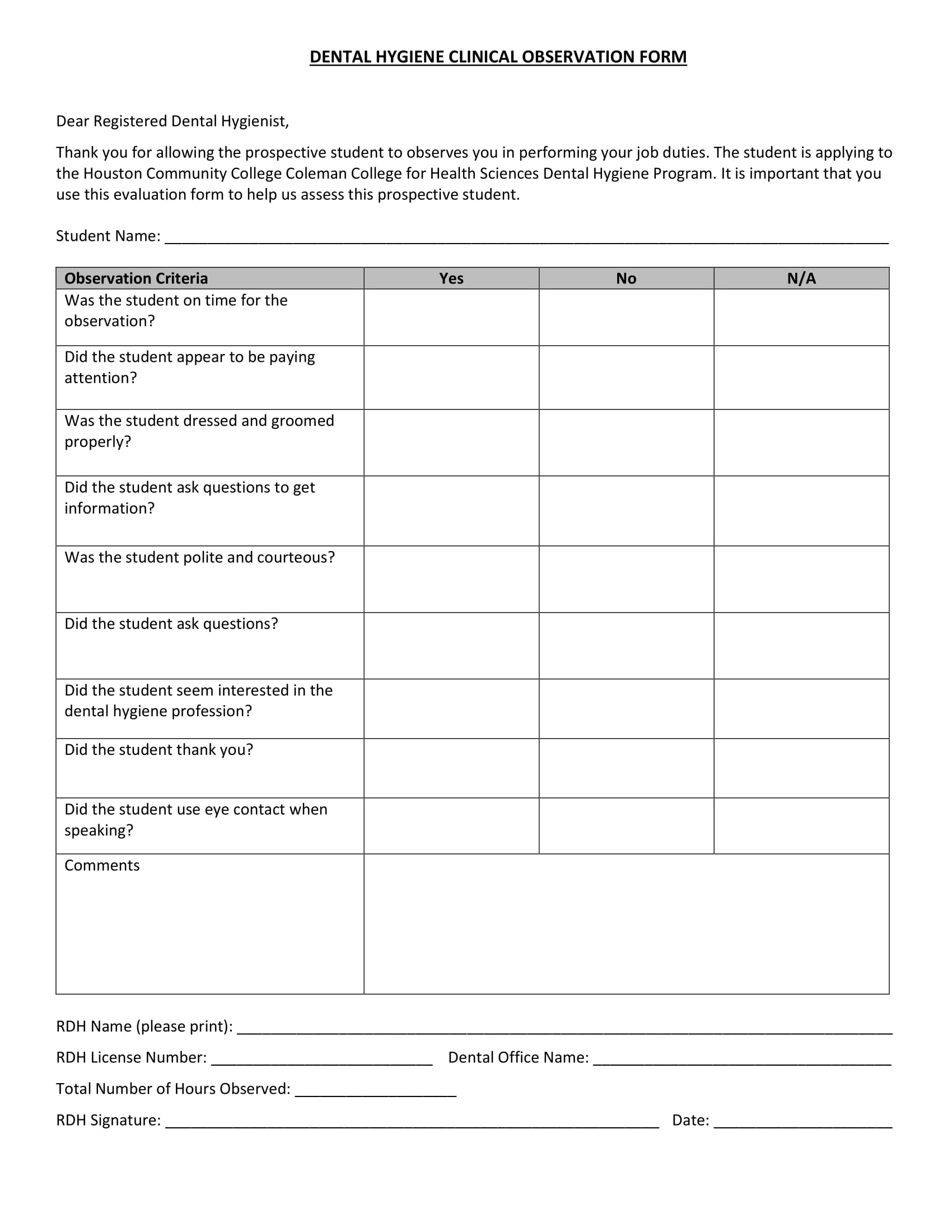 dental hygiene clinical observation form 1