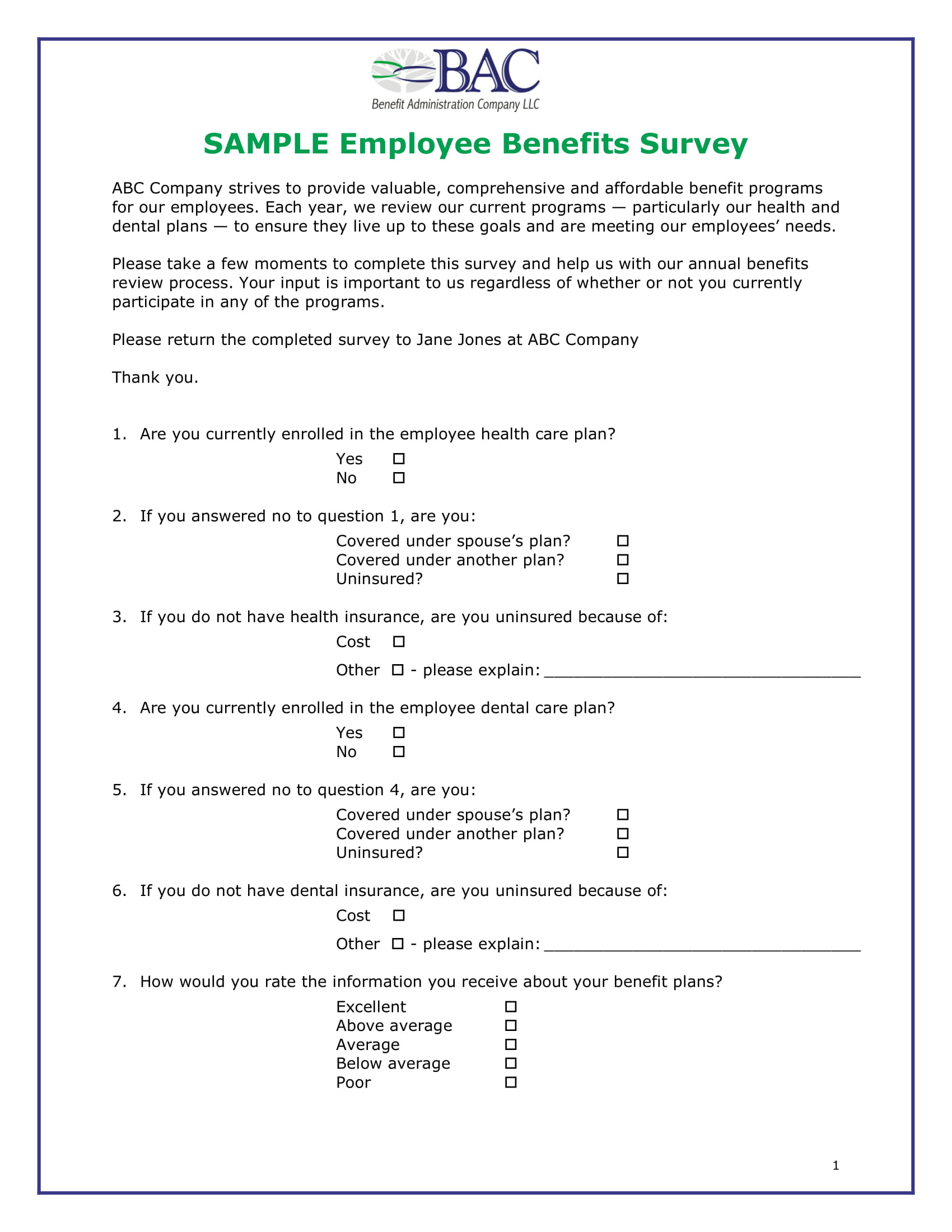 employee benefits survey form sample 1