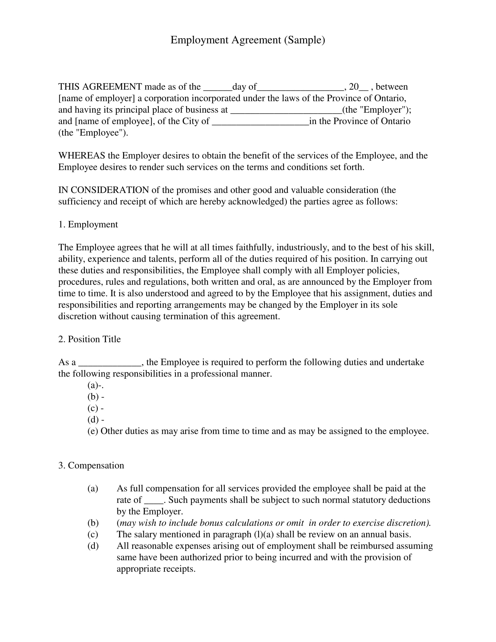 employment agreement form sample 1