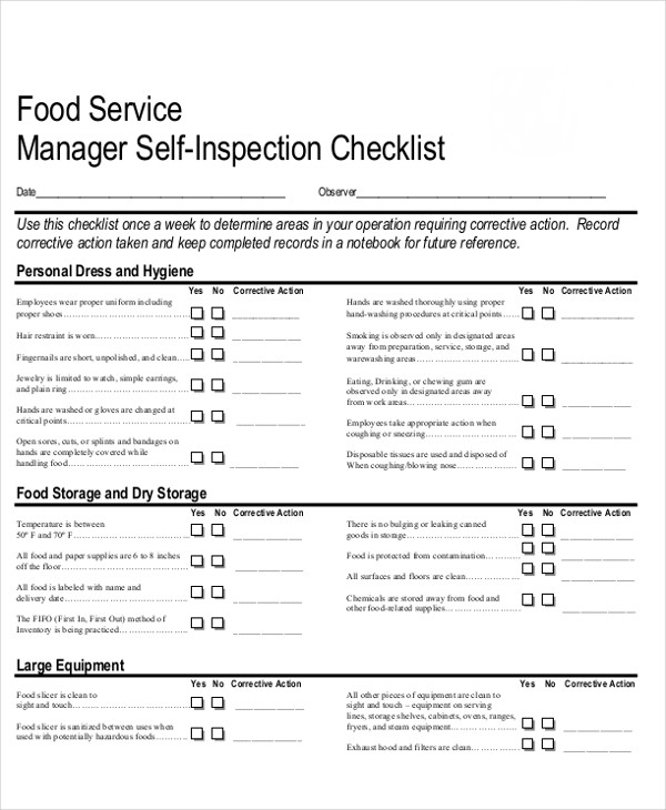 food service self inspection checklist form