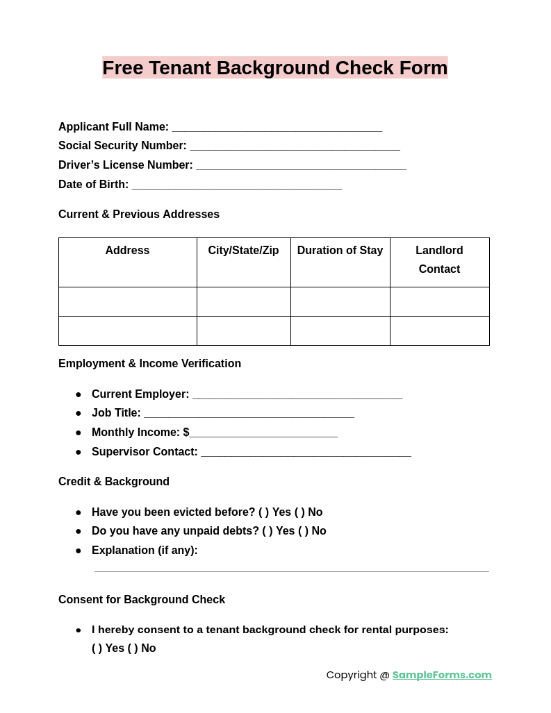 free tenant background check form