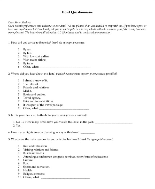 hotel questionnaire form