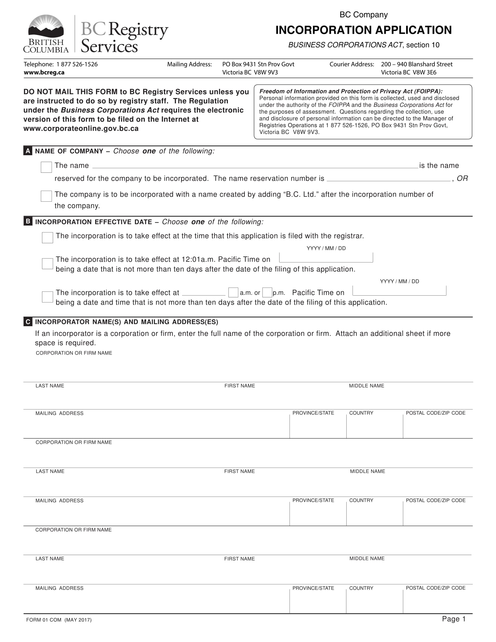 incorporation application form 1