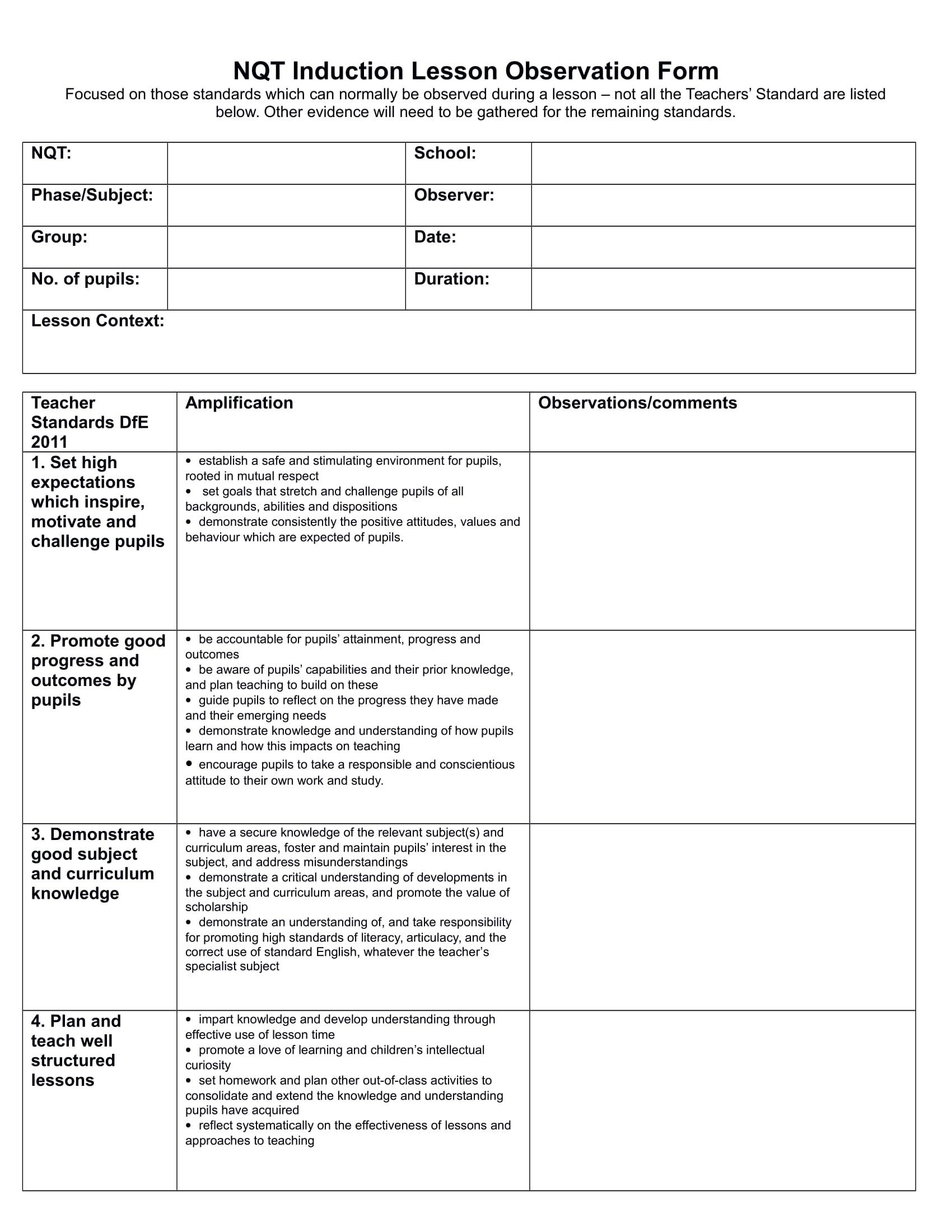 Free 4 Lesson Observation Forms In Pdf Ms Word