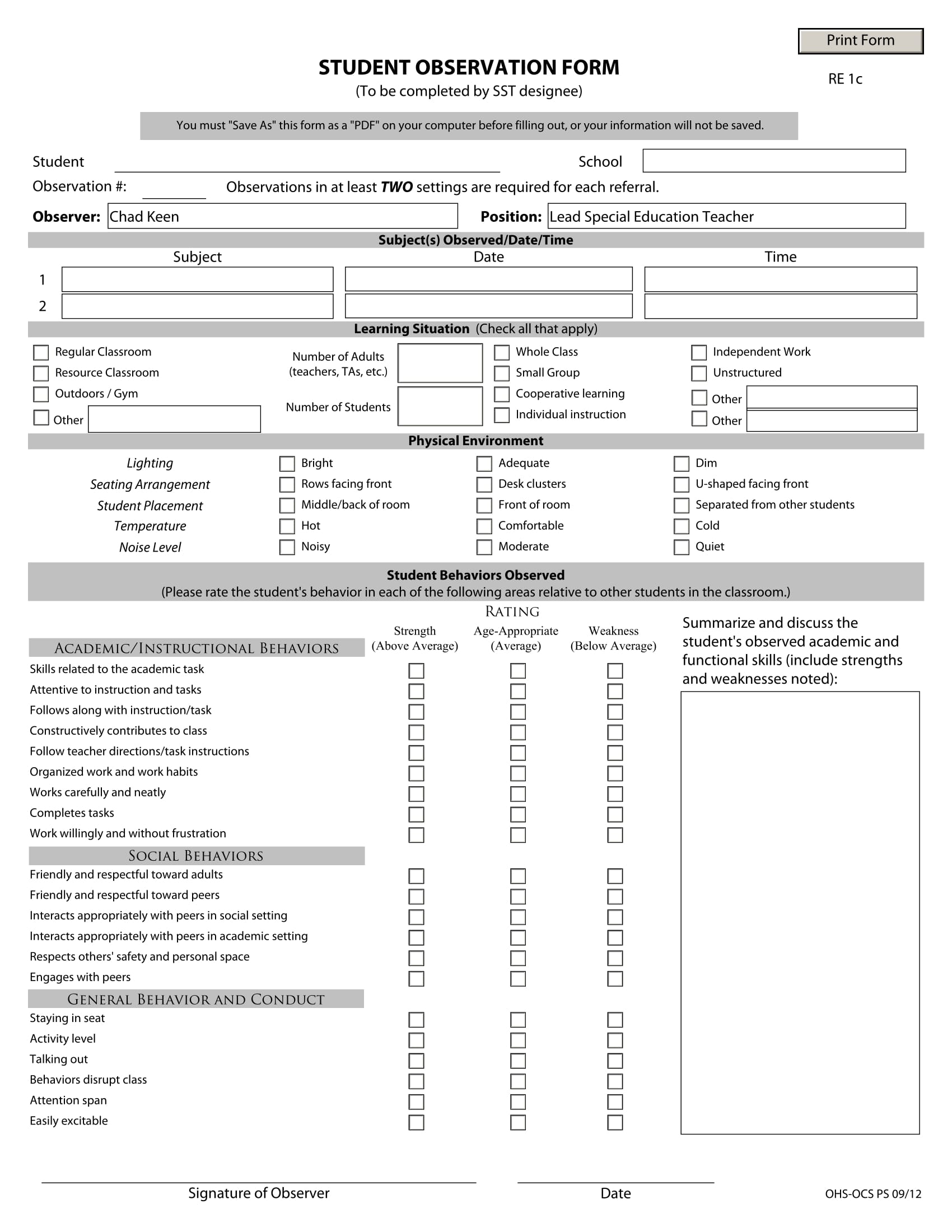 FREE 4+ Student Observation Forms in PDF MS Word Excel
