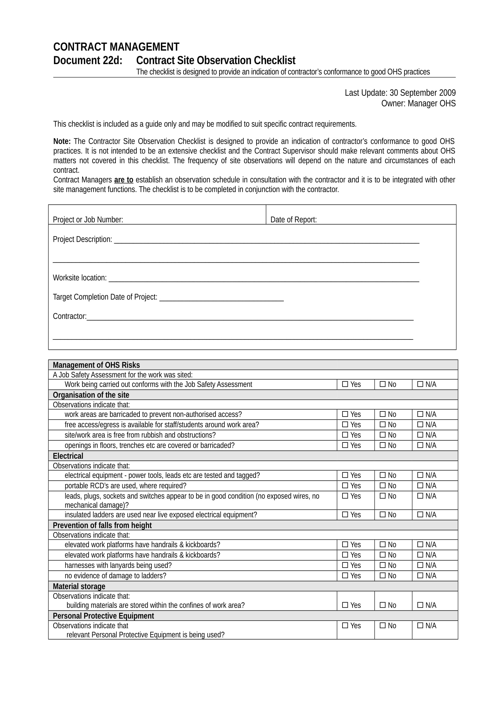 job contractor safety observation checklist form 1