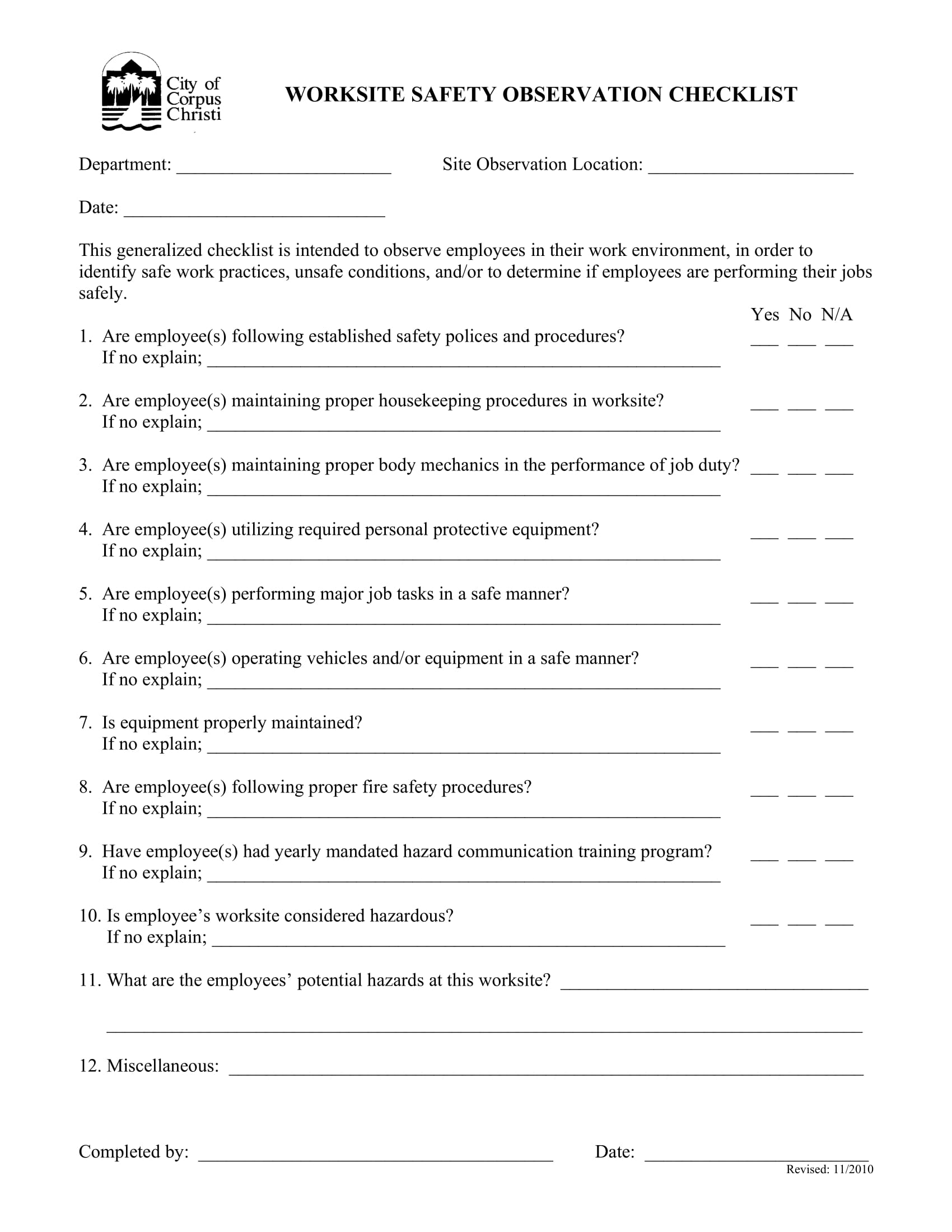 job worksite safety observation checklist form 1