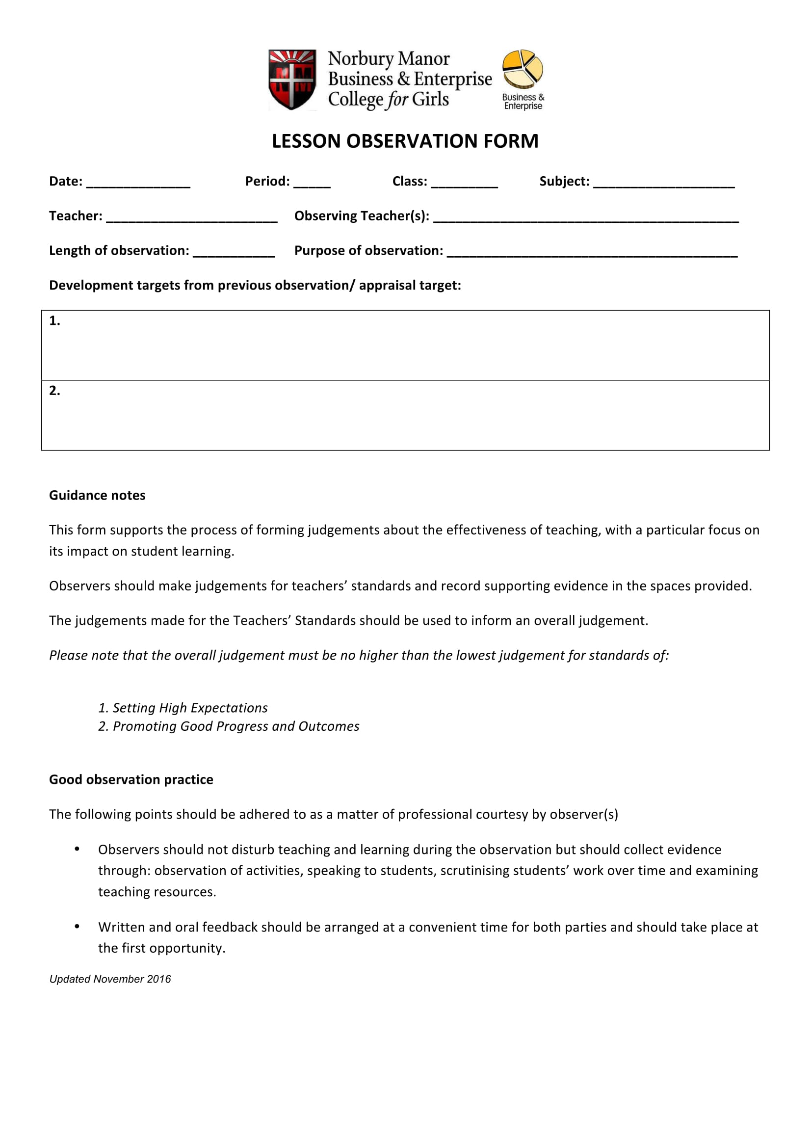 lesson observation form sample 1