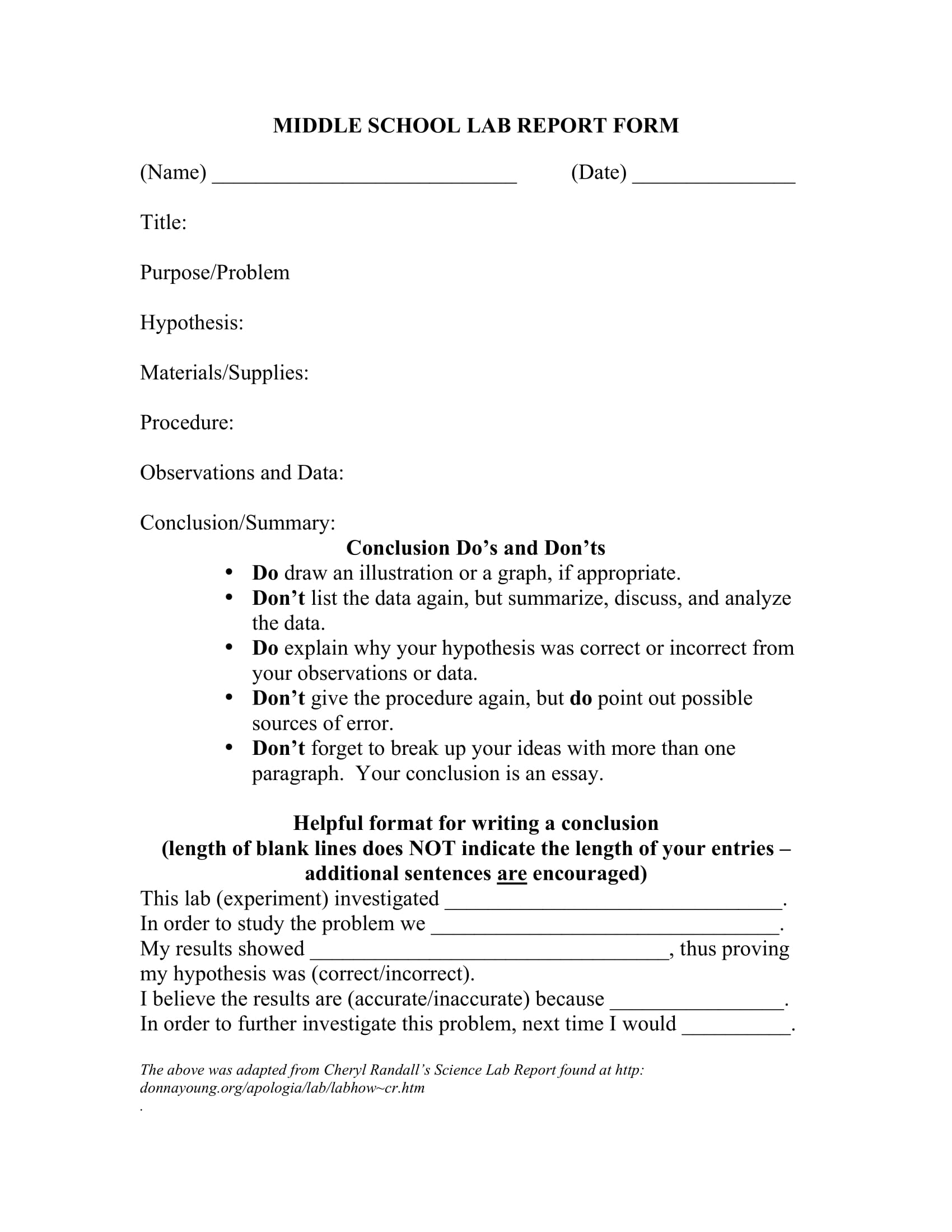 College Chemistry Lab Report Format