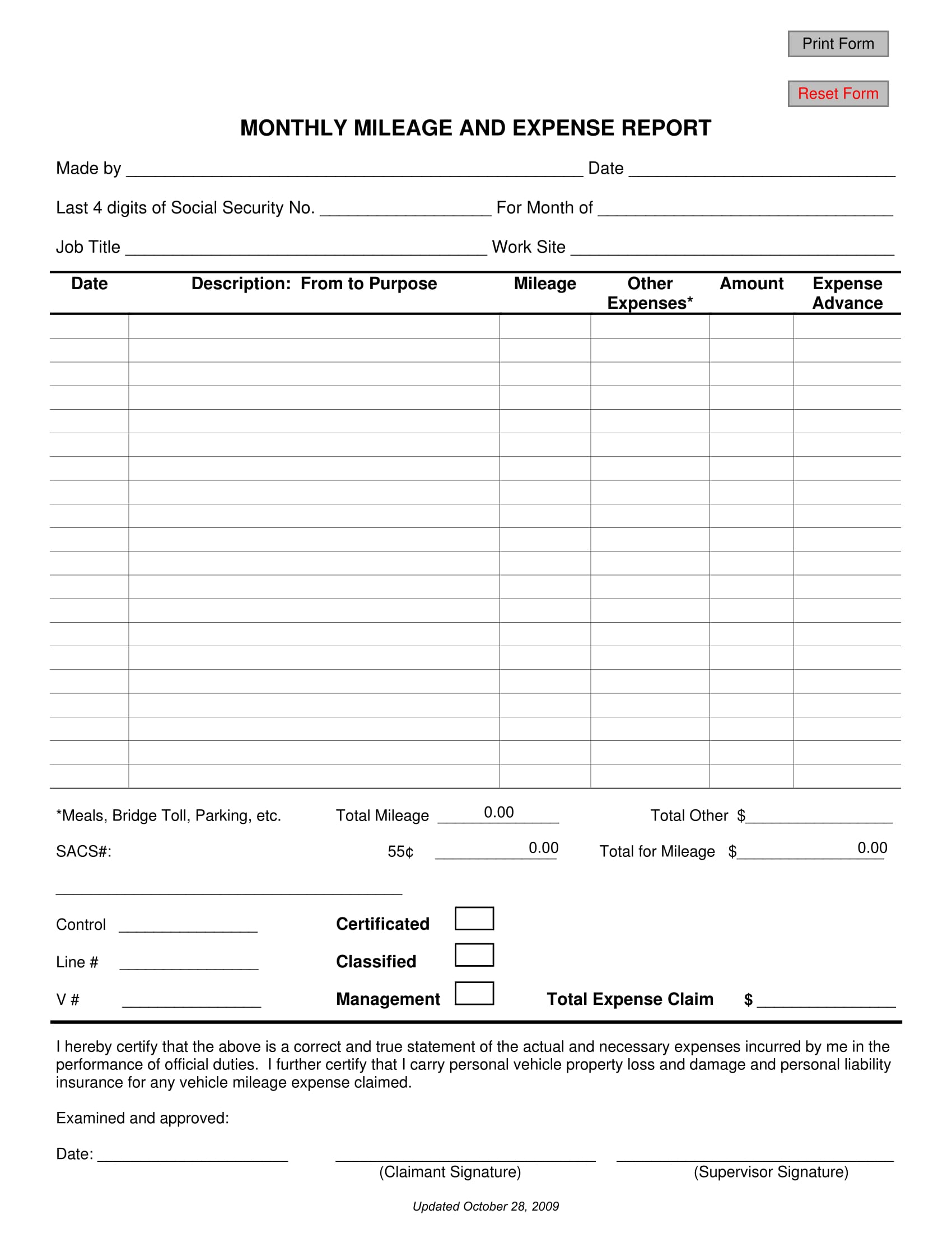 monthly mileage and expense report form 1