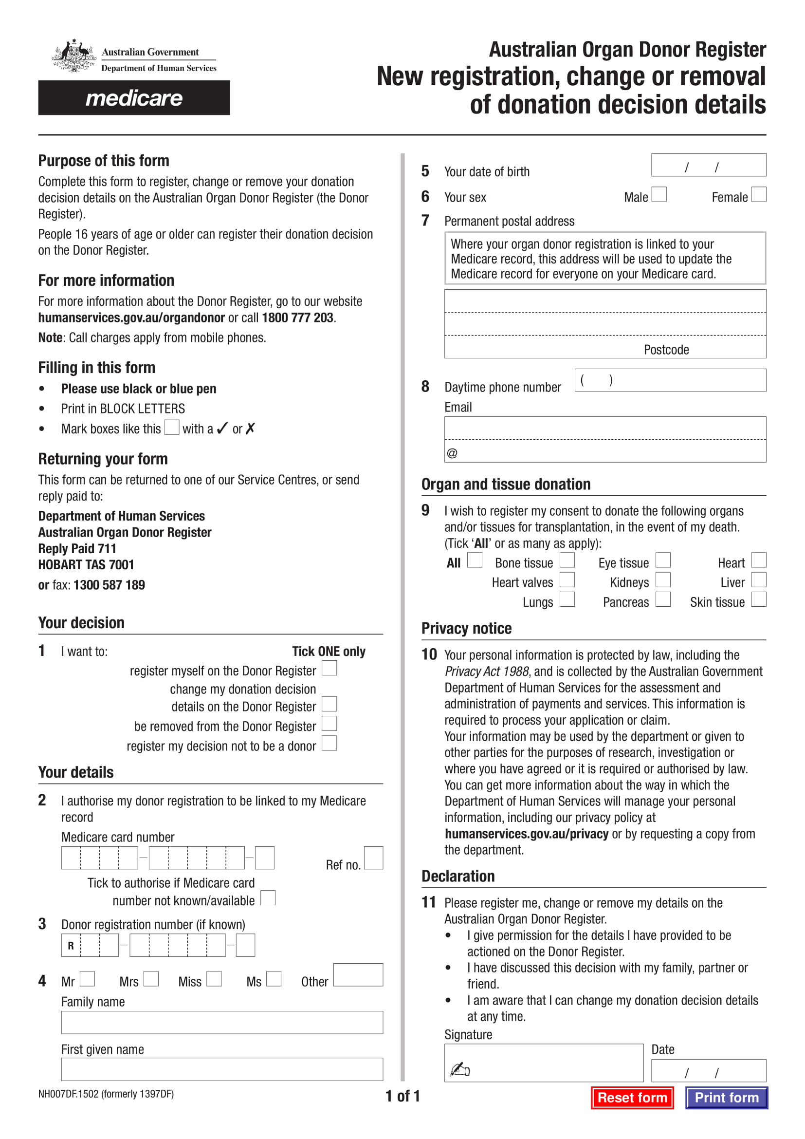 organ donor register form 1