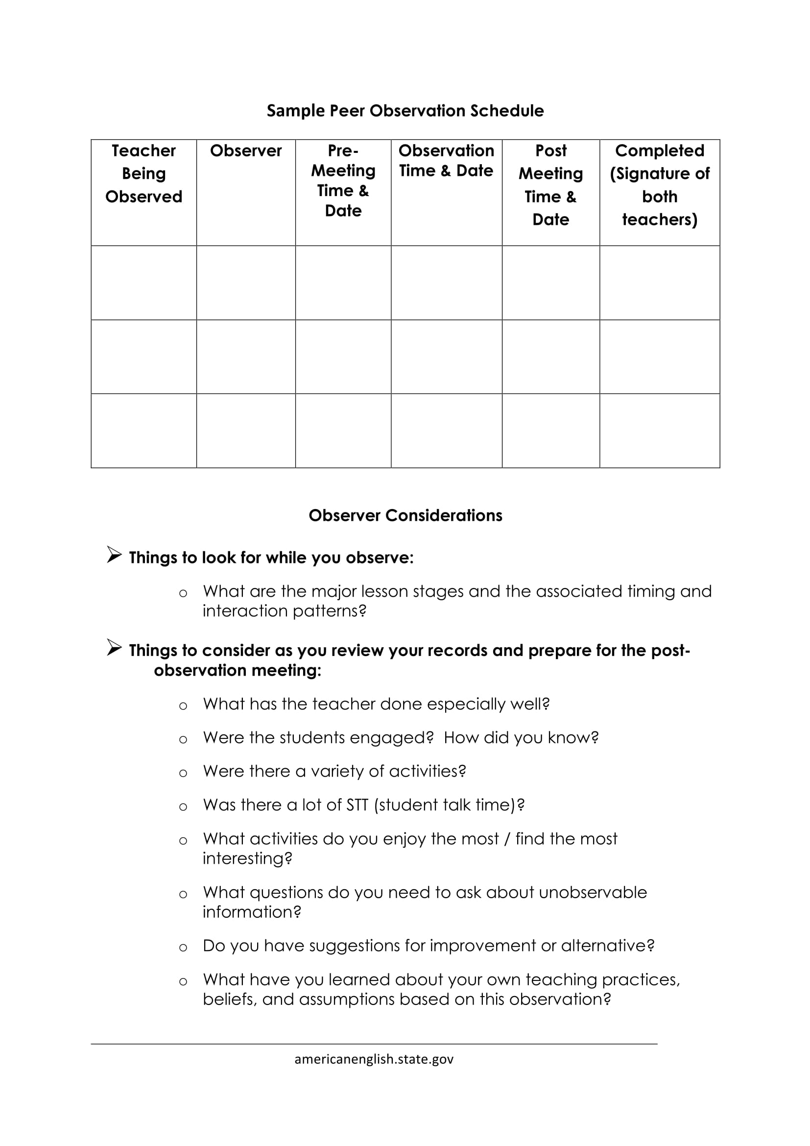 peer observation schedule form 2
