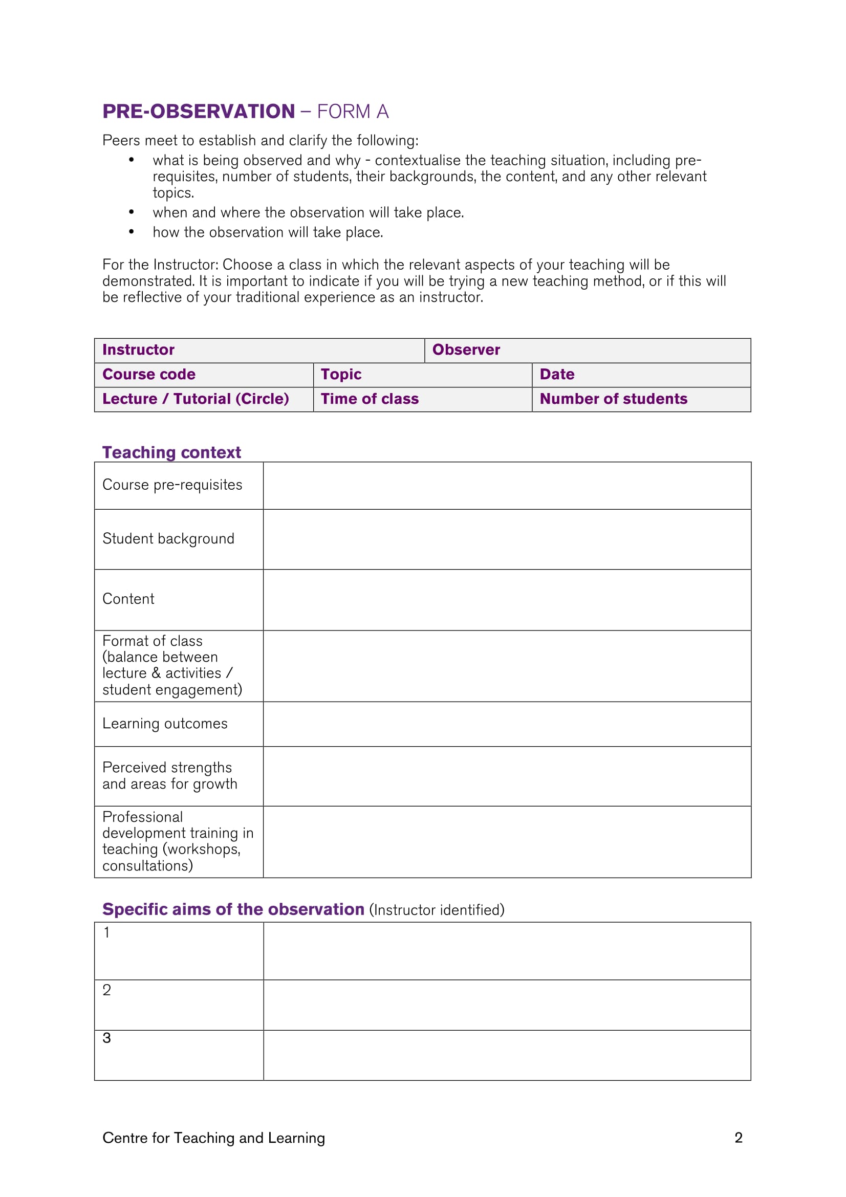 teacher observation report template