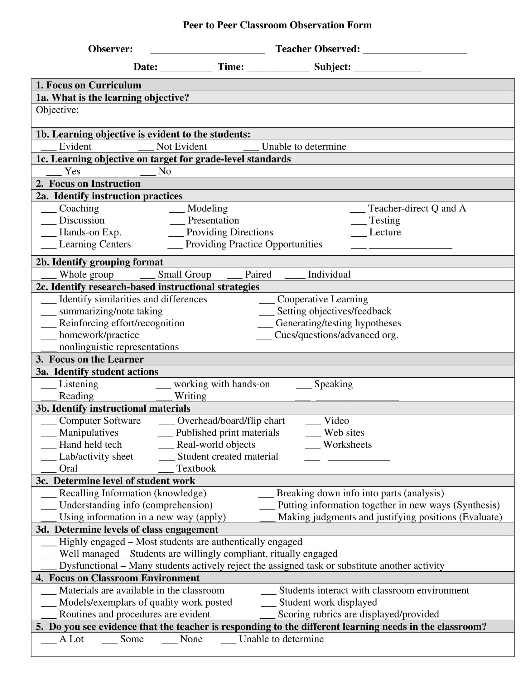 peer to peer classroom observation form 1