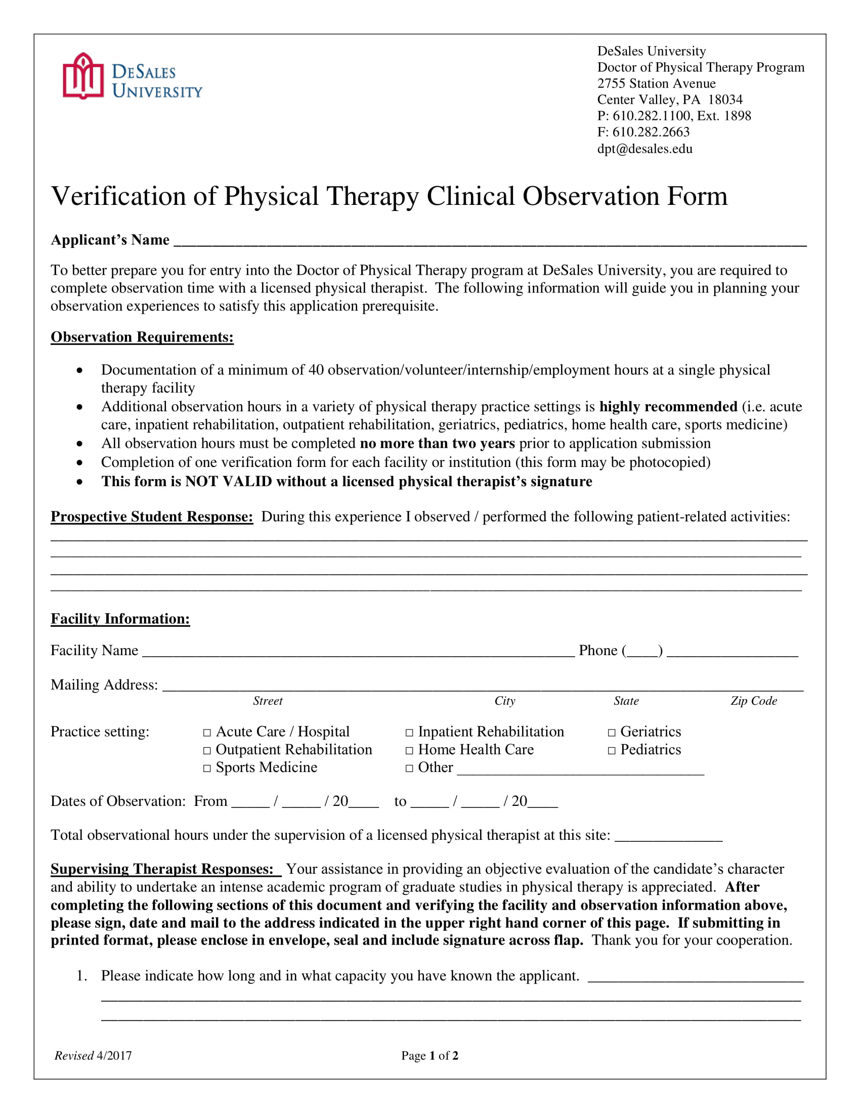 physical therapy clinical observation verification form 1