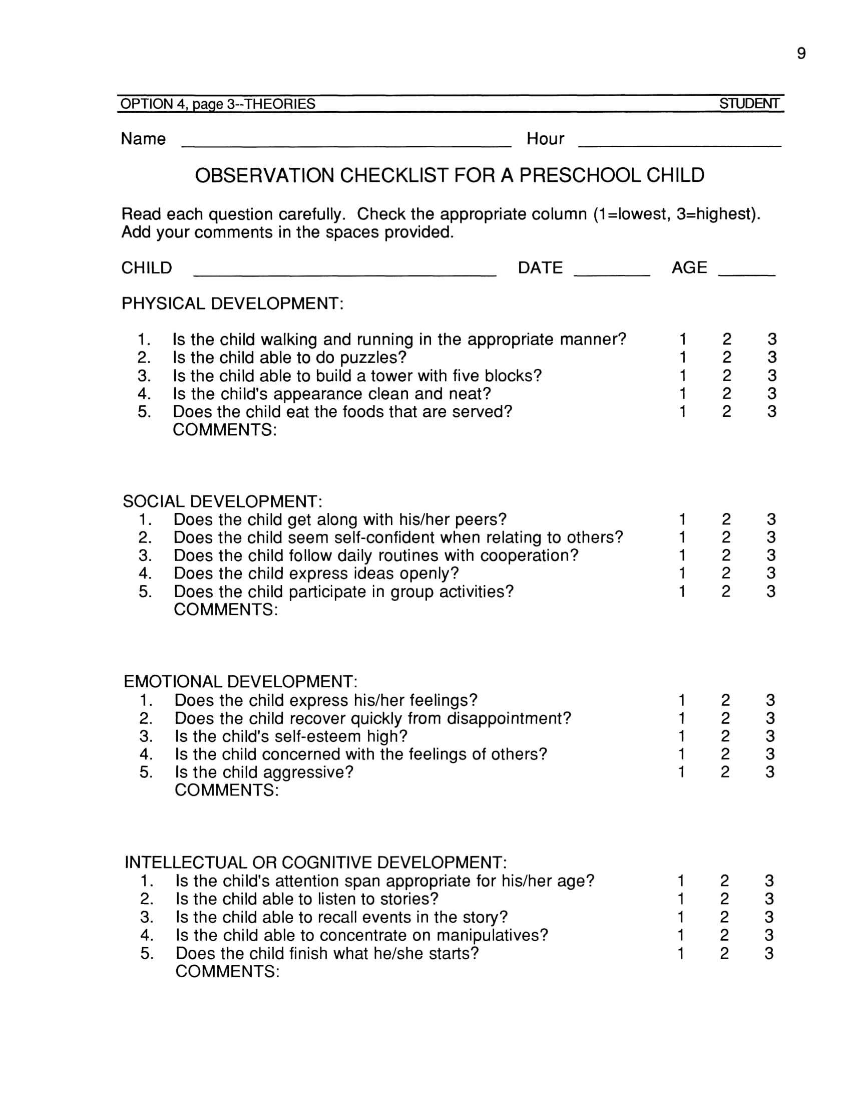 preschool child observation checklist form 1