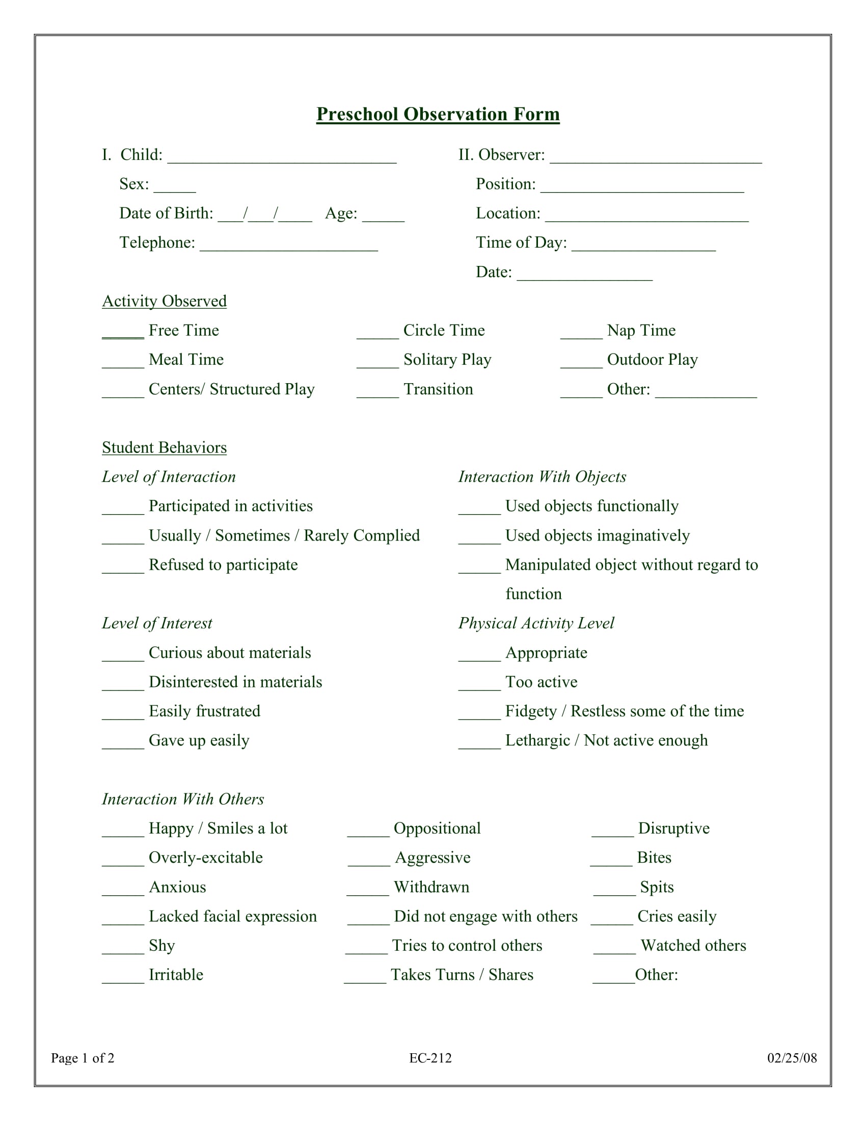 FREE 30+ Preschool Observation Forms in PDF  MS Word